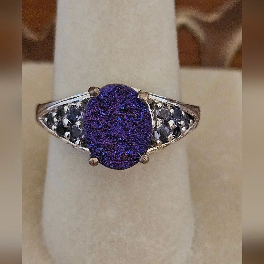 Purple Drusy & Iolite Ring Set In Platinum Over 925 Sterling Silver